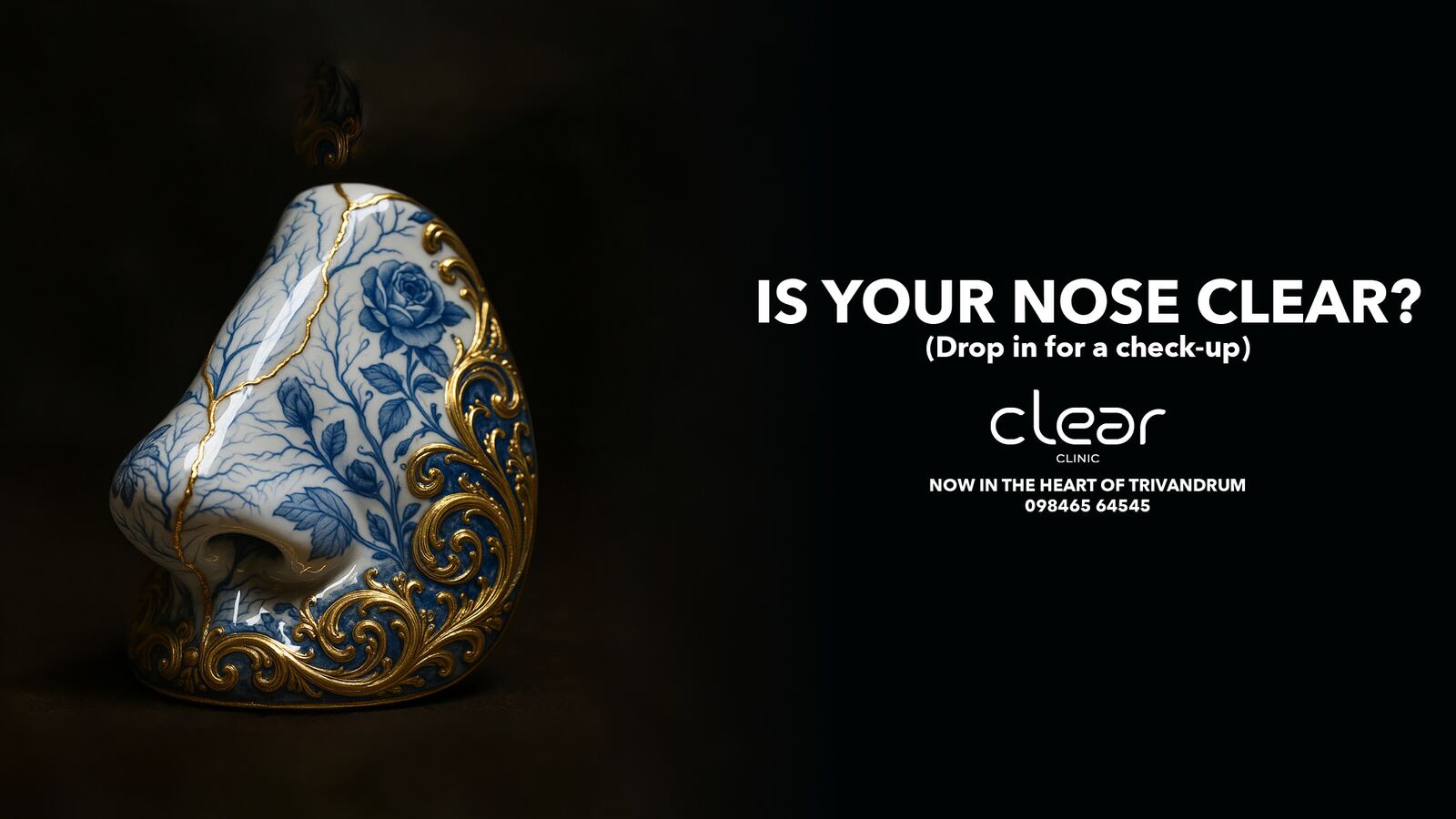 An ornate decorative nose sculpture with the Clear Clinic tagline