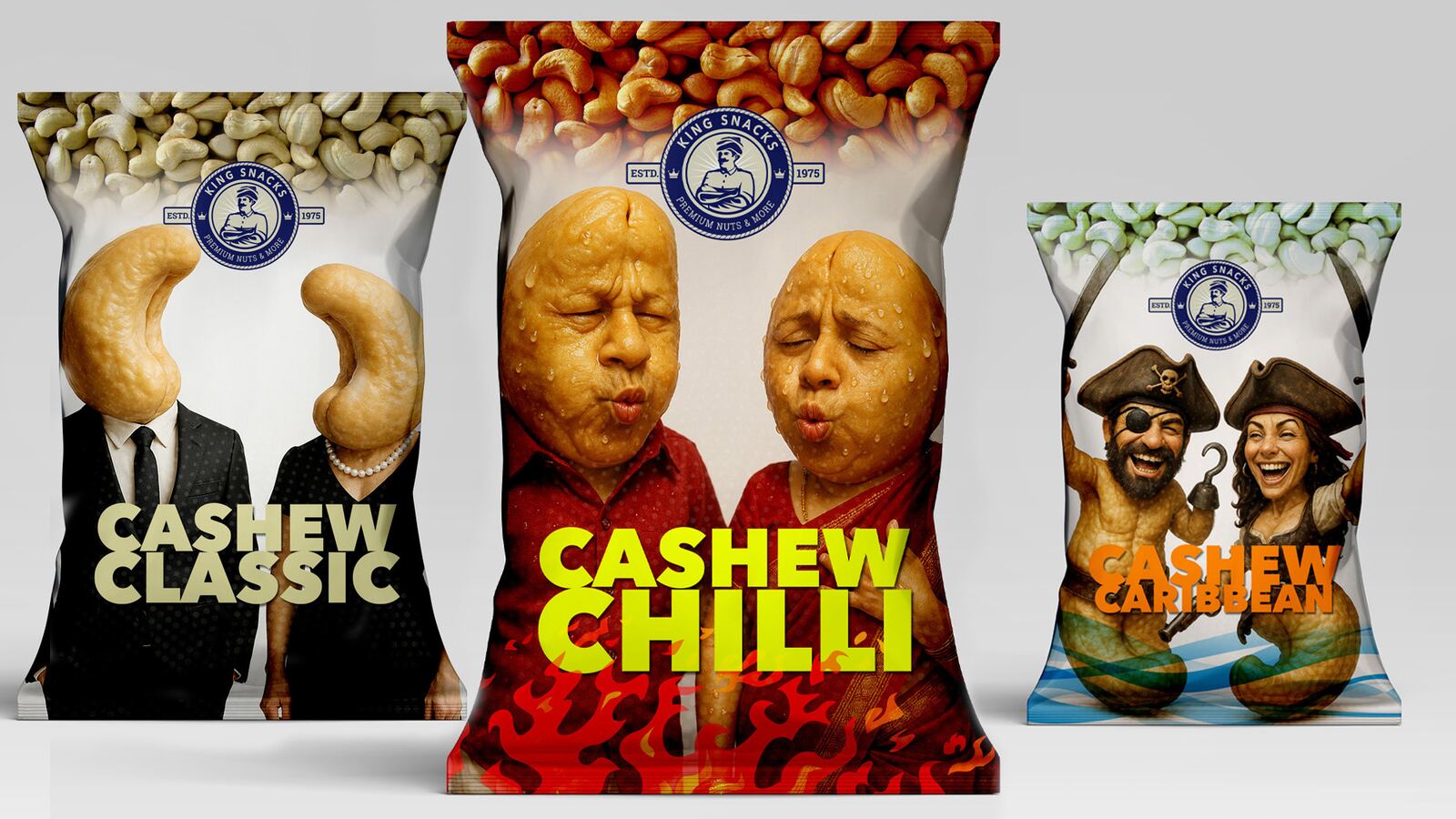 Three Kings Snax cashew snack packaging designs