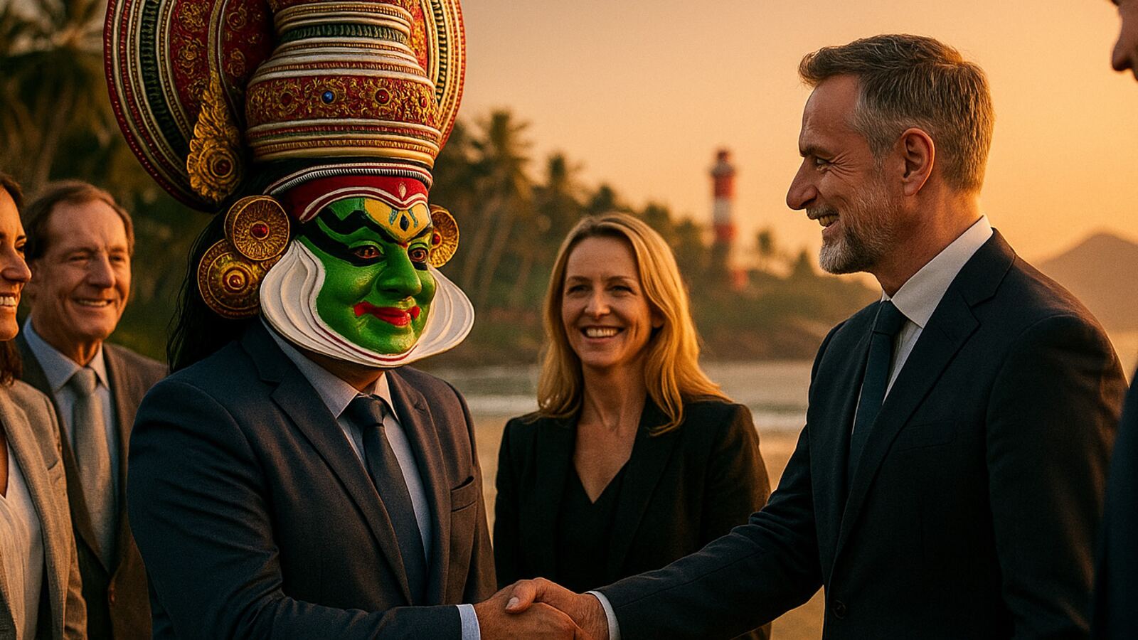 A Kathakali performer welcoming visitors on a Kerala beach at sunset