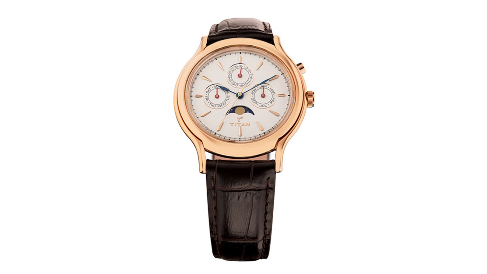 A Titan wristwatch with a moonphase dial and leather strap