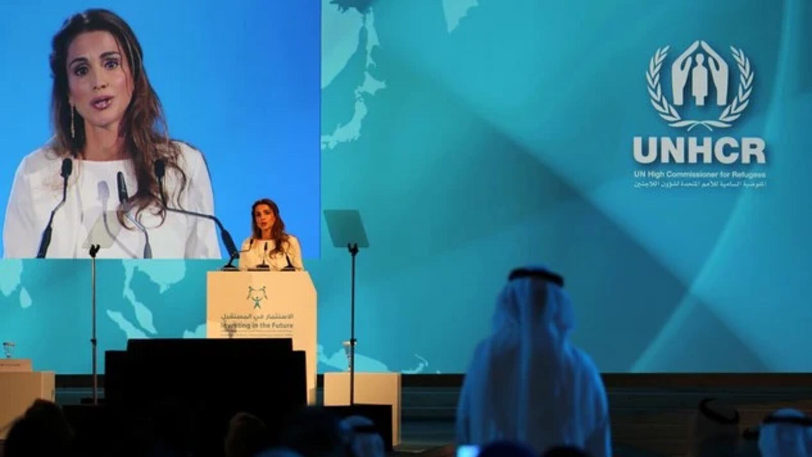 Queen Rania of Jordan addressing a UNHCR event in Dubai